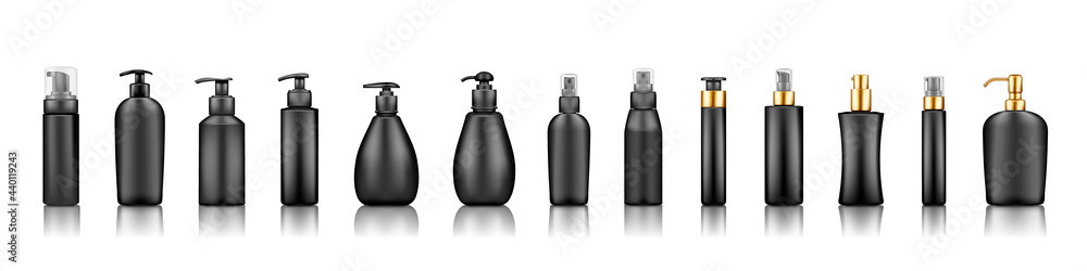 Black luxury pump bottle mockups: serum, moisturizer, lotion, soap, cream, sanitizer - obrazy, fototapety, plakaty 