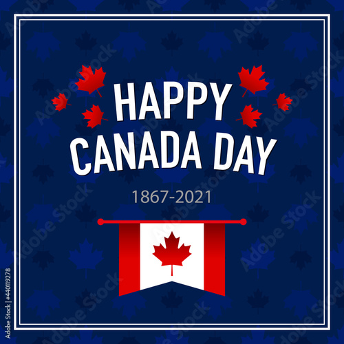 Happy Canada Day banner with flag on blue background. Vector, illustration