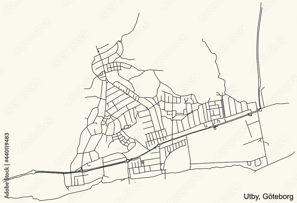 Fototapeta premium Black simple detailed street roads map on vintage beige background of the quarter Utby district of Gothenburg, Sweden