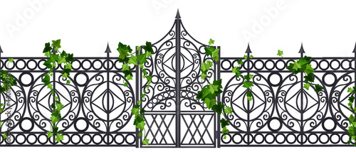 Iron wrought gate vector old metal fence seamless border, steel garden ornament door, ivy leaf, climber. Black antique gothic entrance, vintage Victorian architecture element. Iron gate illustration