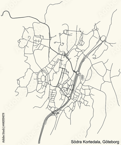 Black simple detailed street roads map on vintage beige background of the quarter S  dra Kortedala district of Gothenburg  Sweden