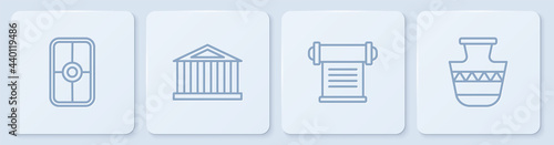 Set line Greek shield, Decree, parchment, scroll, Parthenon and Ancient amphorae. White square button. Vector