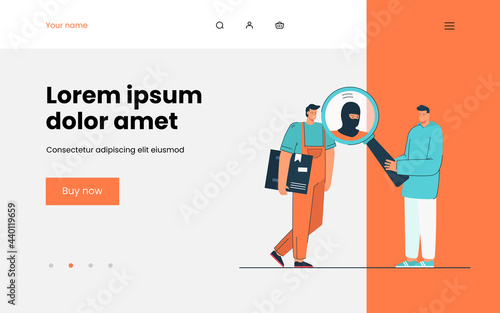 Man suspecting deliveryman in crime. Male character looking at courier suspiciously. Deliveryman holding cardboard box. Suspicion concept for banner, website design or landing web page