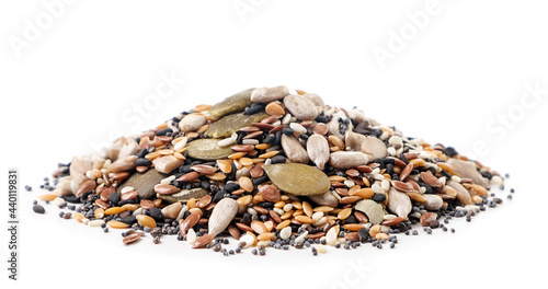 Heap of mix seeds on a white background. Isolated
