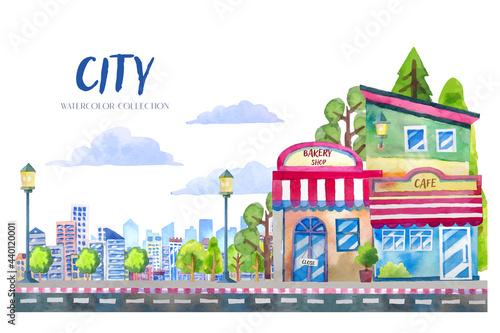 cartoon style watercolor landscape paintings of city ,cafe and bakery shop with cloud ,decorative trees and detailed buildings in the background.