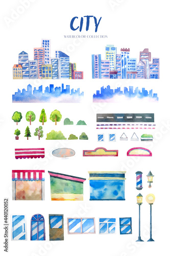 Cartoon style city watercolor collection. 