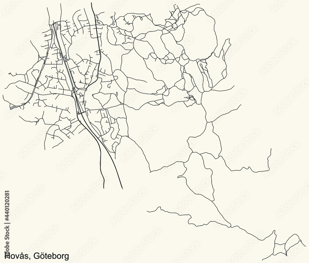 Black simple detailed street roads map on vintage beige background of the quarter Hovås district of Gothenburg, Sweden