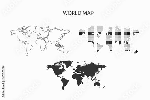 3 versions of World Map vector by thin black outline simplicity style  Black squar dot style and Dark shadow style. All in the white background.