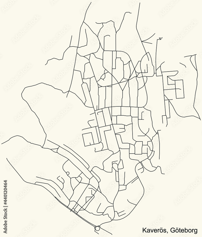 Black simple detailed street roads map on vintage beige background of the quarter Kaverös district of Gothenburg, Sweden