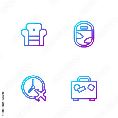 Set line Suitcase, Clock with airplane, Armchair and Airplane window. Gradient color icons. Vector