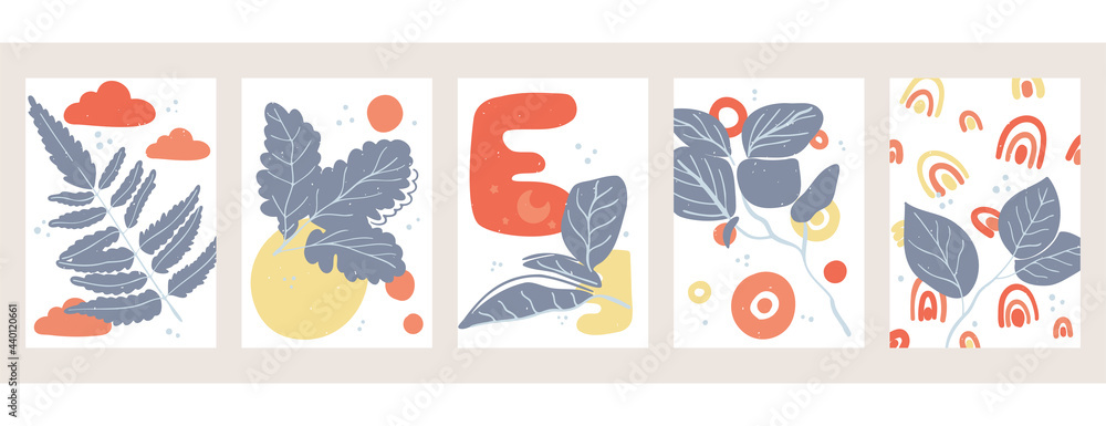 A set of five abstract minimalistic aesthetic floral illustrations. Colorful silhouettes of plants on a light background. Modern vector pastel posters for social networks, web design, interiors. 
