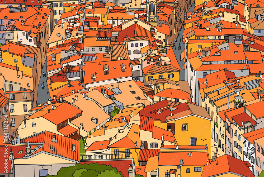 Tiled roofs of Old Nice. France. Urban landscape. top view of the old town. Contour style. Linear art.