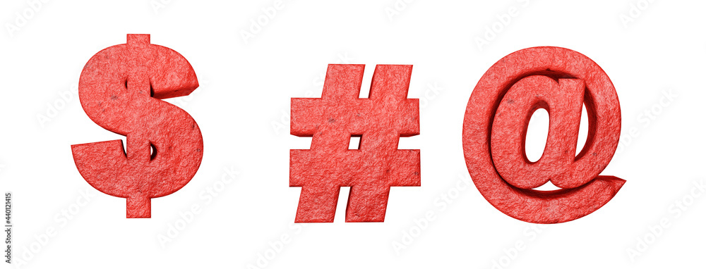 Organic alphabet. Letter red 3d Renders. Sign dollar, hashtag, arroba Organic alphabet. Letter red 3d Renders. Sign dollar, hashtag, arroba