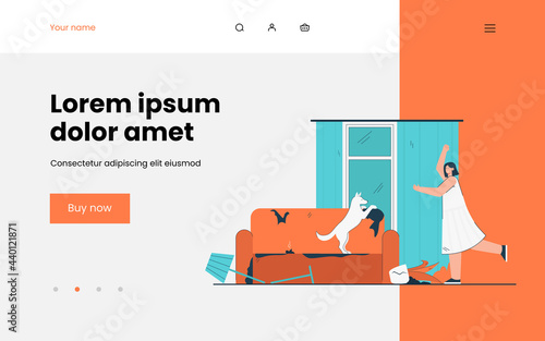 Woman angry with mess made by dog. Female character screaming at pet. Ruined furniture and curtains. Broken down lamp and plant. Keeping domestic animals concept for banner, website or landing page