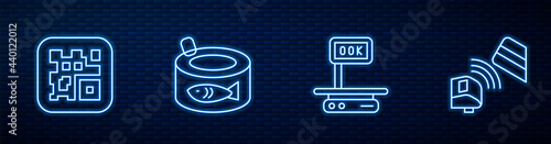 Set line Electronic scales, QR code, Canned fish and POS terminal with credit card. Glowing neon icon on brick wall. Vector