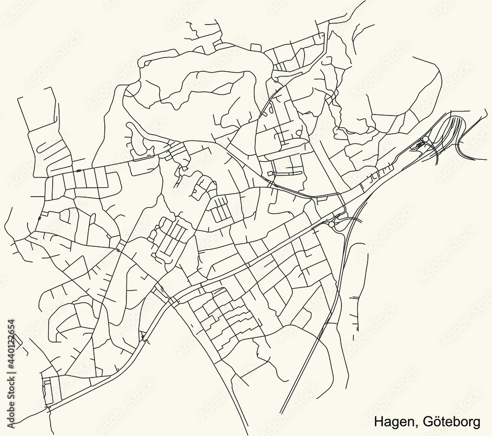 Black simple detailed street roads map on vintage beige background of the quarter Hagen district of Gothenburg, Sweden