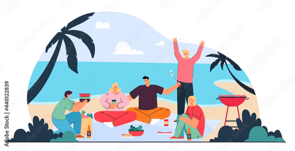 Happy men and women having picnic on beach. Group of people drinking, eating, having lunch outside on ocean shore in summer, grilling sausages flat vector illustration Friends, nature, seaside concept
