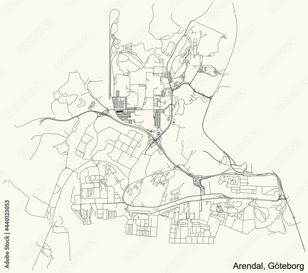 Black simple detailed street roads map on vintage beige background of the quarter Arendal district of Gothenburg, Sweden