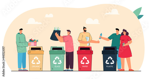 Women and men distributing waste in dustbins. People sorting paper, plastic, glass and organic rubbish in colored dumpsters. Environment, garbage separation, recycle concept