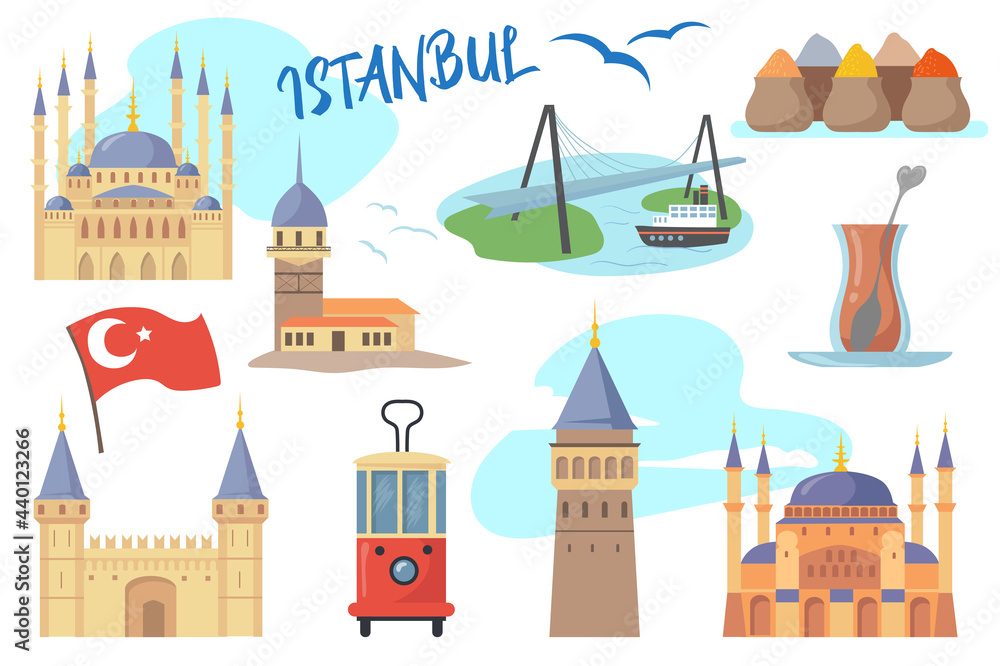 Set of traditional Istanbul symbols. Cartoon vector illustration. Hagia Sophia, Blue Mosque, Galata Tower, Turkish tram, Maidens Tower, Bosphorus bridge, vapur ferry. Turkey, travel, culture concept