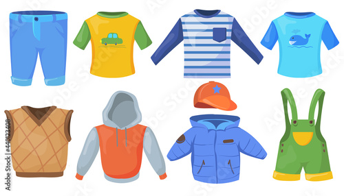 Set of casual male clothes for kids. Cartoon vector illustration. Spring and autumn collection of jacket, overalls, coat, cap, pants, T-shirts, vest, jumper for little boy. Clothing, fashion concept