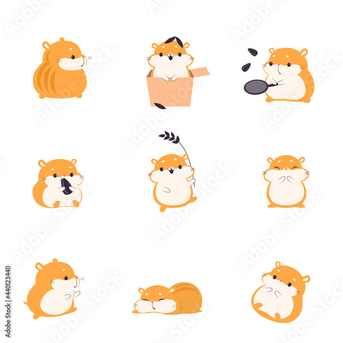 Cute Hamster Eating Seeds Set, Adorable Funny Pet Animal Characters Cartoon Vector Illustration © topvectors