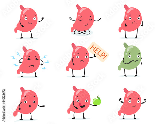 Set of cute human stomach character. Cartoon vector illustration. Sick or happy, sad, strong abdomen with face isolated in white background. Digestive disorder, health, medicine, nutrition concept