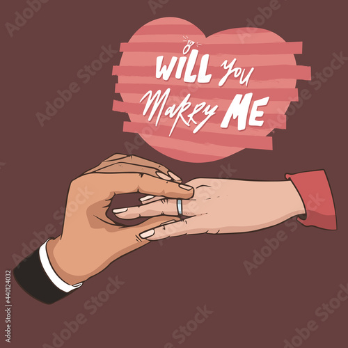 Will you marry me poster. Marriage proposal vector illustration with wedding ring and male and female hands
