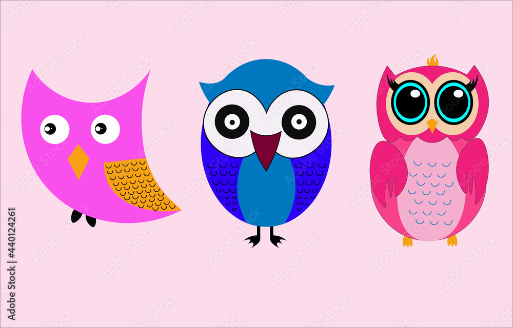 Fototapeta premium Three colorful owls on a pink background