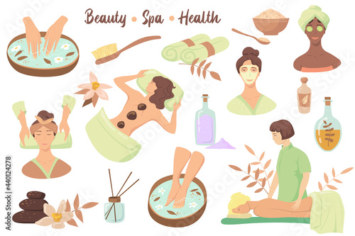 Set of beauty symbols and spa procedures. Cartoon vector illustration. Women enjoying skin care, massages, clay facial masks, aroma therapy in spa center or salon. Relaxation, health treatment concept
