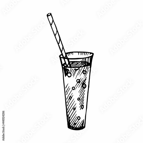 Drink in a glass with a straw on a white background.Vector cocktail can be used in menus, postcards.Doodle-style illustration