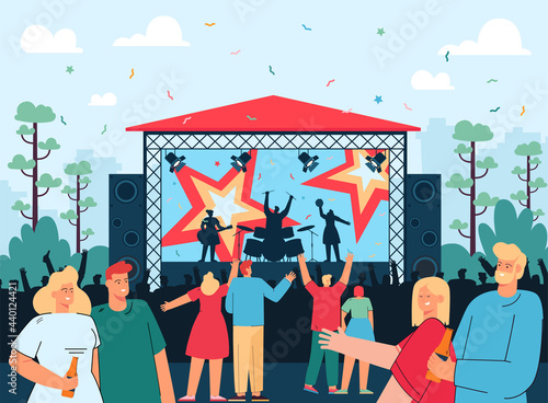 Friends on open air rock music concert flat vector illustration. Couples drinking beer, having fun in park on weekends, spending time together and dancing. Festival, party concept