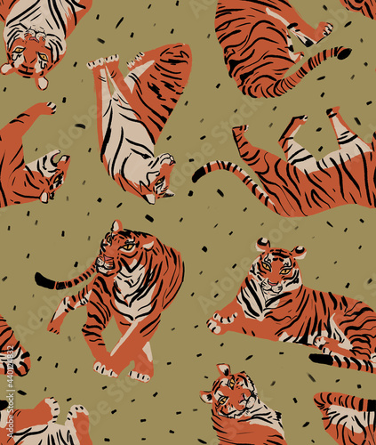 Seamless pattern with tigers in various poses on vintage background. Vintage style illustration