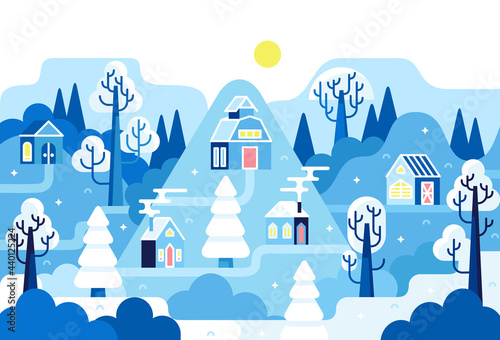 Winter sunny day landscape with small houses and snow covered trees. Vector cartoon illustration in flat stile. 