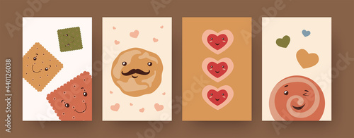 Collection of contemporary art posters with crackers and cookies. Cute biscuit characters of different shapes cartoon vector illustrations. Food, bakery concept for designs, social media, postcards