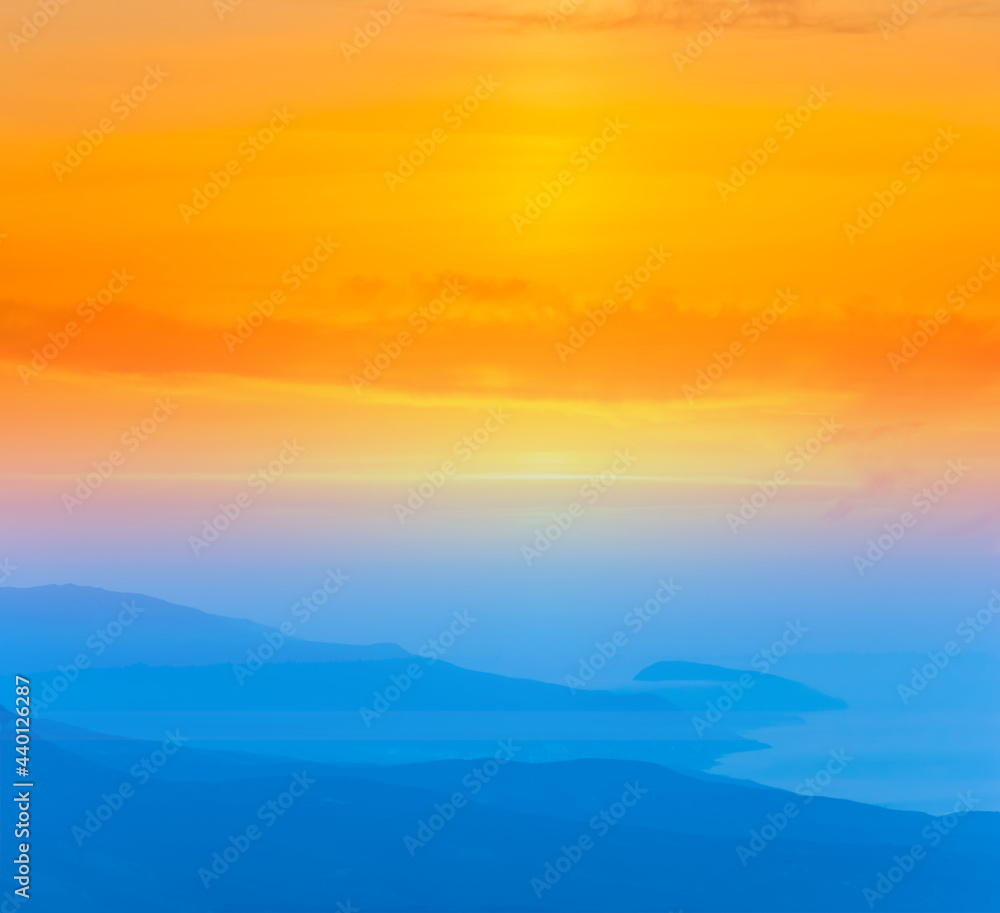 blue misty mountain valley silhouette  under dramatic red evening sky, stylized natural background