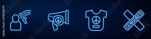 Set line Peace, Police beat human, and Censored stamp. Glowing neon icon on brick wall. Vector