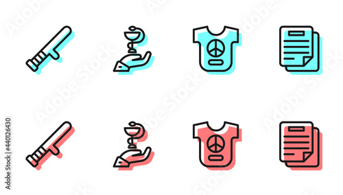 Set line Peace, Police rubber baton, Caduceus snake medical and Document icon. Vector