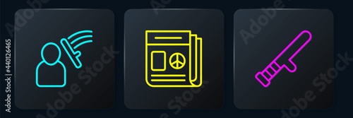 Set line Police beat human, rubber baton and News. Black square button. Vector
