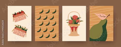 Collection of contemporary posters with food and flower hampers. Baskets of apples, pears, bananas vector illustrations. Picnic, summer concept for designs, social media, postcards, invitation cards