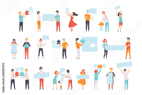 Teamwork and collaboration concept with four diverse Set of People with Puzzle Pieces and Blank Sign Boards, Men, Women And Kids Trying to Find Solution Flat Vector Illustration