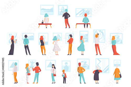 Visitors of Classic Art Gallery Viewing Masterpieces at Museum Set, People or Tourists Looking at Paintings at Exhibition Flat Vector Illustration
