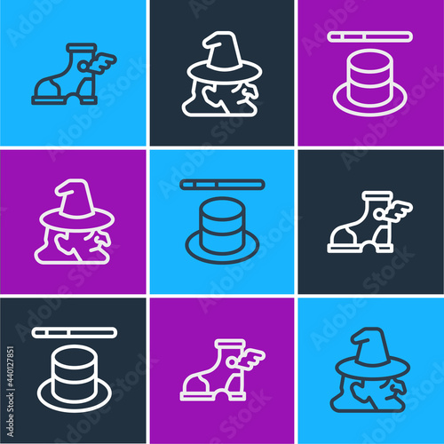 Set line Hermes sandal, Magic hat wand and Witch icon. Vector
