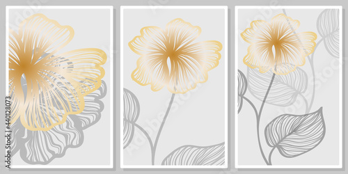 luxurious silver golden flowers and leaves- wall art vector set, for wall art, poster, wallpaper, print
