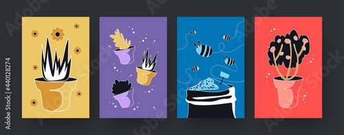 Colorful set of contemporary art posters with plants and bees. Vector illustration. .Collection of flowerpots and flying bees in colored background. Nature, plant, insect concept for banner design