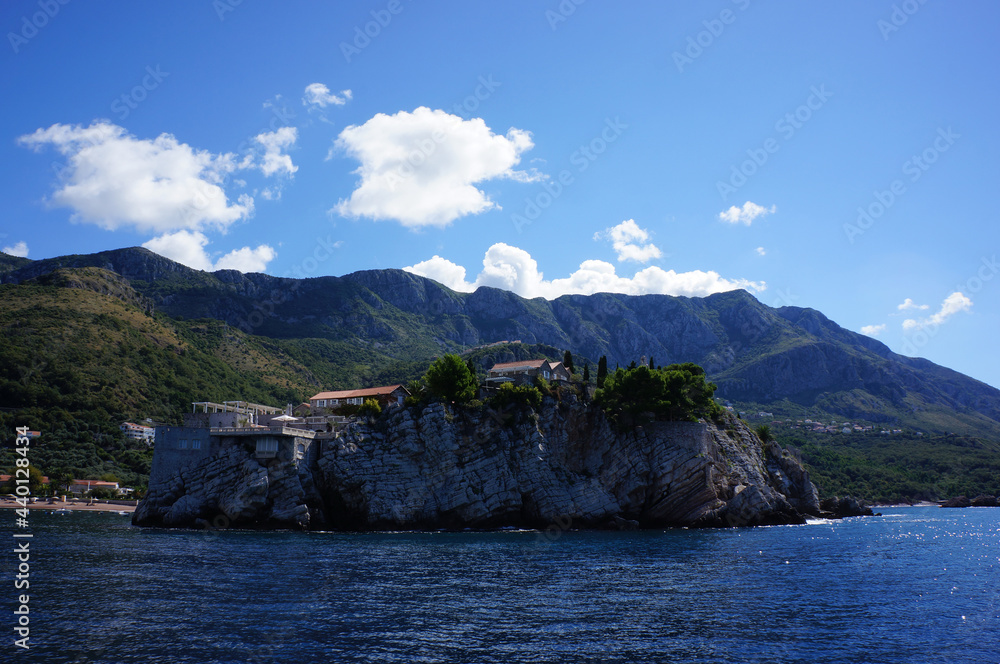 Panorama of Peninsula Sveti Stefan from the sea, Montenegro