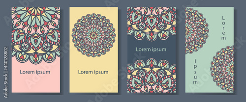 Mandala in the design of cards, invitations, labels, packages, cards, business cards. Set of four multicolored backgrounds with oriental ornaments. Ethnic pattern for social media, web design.