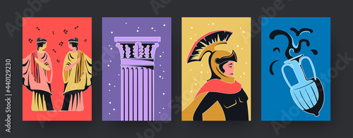 Set of contemporary art posters with ancient Rome theme. Vector illustration. .Collection of colored colosseum gladiator, muses, column and diota in bright background. Rome, antiquity, history concept