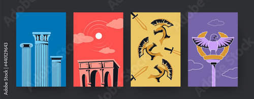Set of contemporary art posters with ancient symbols of Rome. Vector illustration. .Collection of colored Columns, triumphal arch, helmets, swords, eagle and golden crown. Rome, antiquity concept