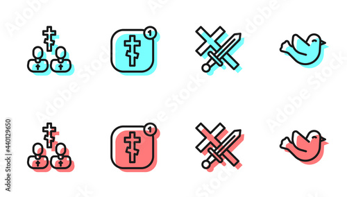 Set line Crusade, Priest, Online church pastor preaching and Dove icon. Vector